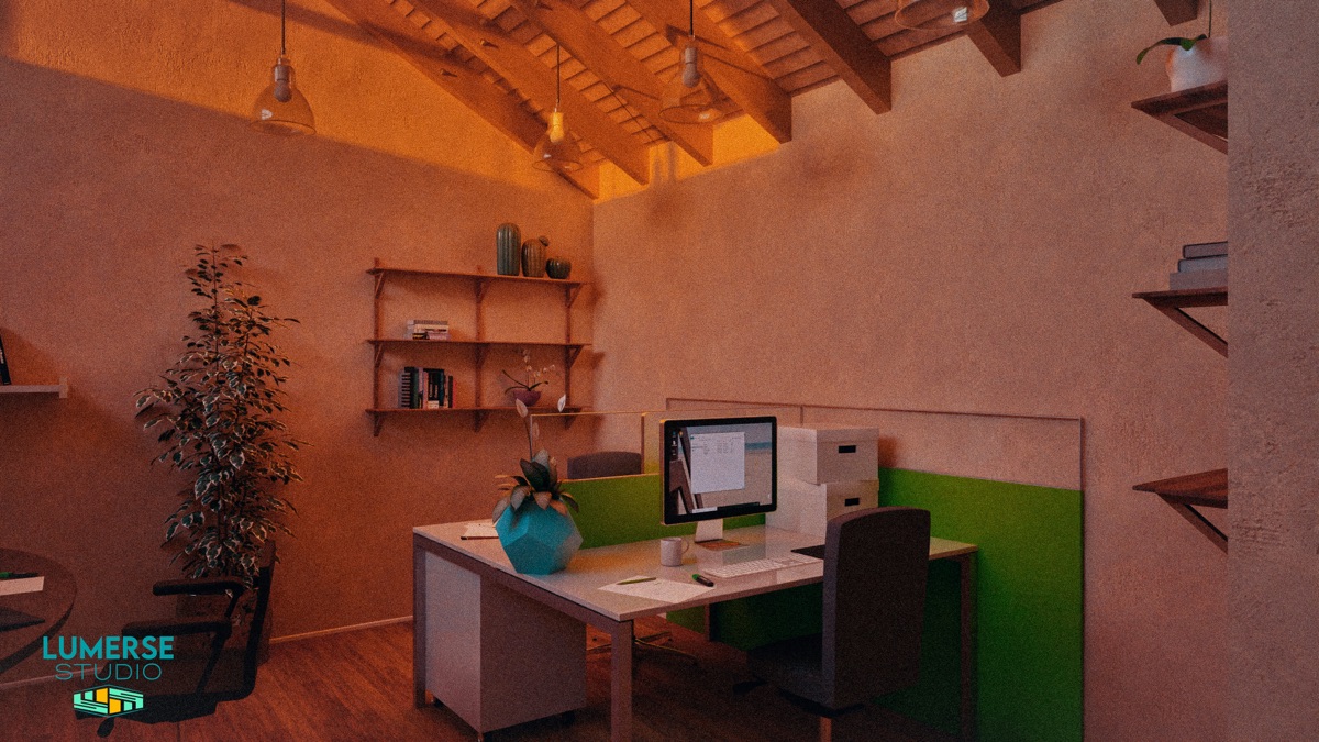 FMG studio rendering, photorealistic office interior