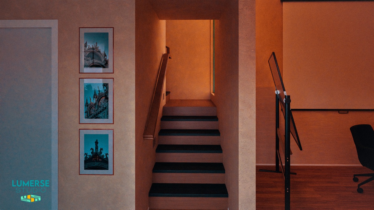 Architectural hallway with framed art, artistic preservation